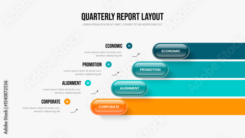 Corporate Showcase Four Element Diagram Slide Design. Market Overview Presentation Template Vector Illustration. Company Innovation 4 Step Infographic Slideshow Layout.