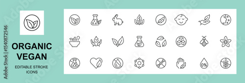 Organic Vegan icons set. natural, cruelty free, collagen, anti age, Editable stroke. vector illustration.