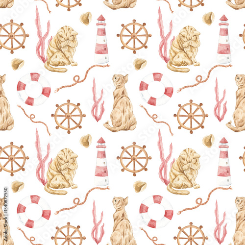 Wallpaper Mural Watercolor marine pattern. Home textiles. Cats. Seaweed, anchor. Ocean theme. Rest. Cute seagulls. Seashore, Embankment. Red cat. Print for fabric. Summer, summer mood. Torontodigital.ca