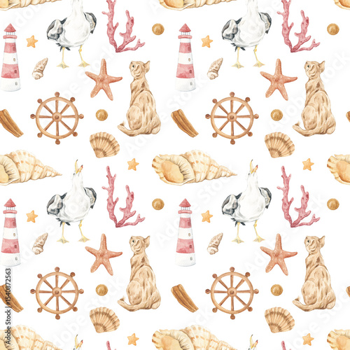 Wallpaper Mural Watercolor marine pattern. Home textiles. Cats. Seaweed, anchor. Ocean theme. Rest. Cute seagulls. Seashore, Embankment. Red cat. Print for fabric. Summer, summer mood. Torontodigital.ca