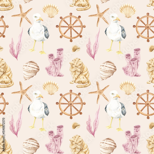 Wallpaper Mural Watercolor marine pattern. Home textiles. Cats. Seaweed, anchor. Ocean theme. Rest. Cute seagulls. Seashore, Embankment. Red cat. Print for fabric. Summer, summer mood. Torontodigital.ca