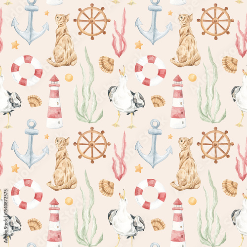 Wallpaper Mural Watercolor marine pattern. Home textiles. Cats. Seaweed, anchor. Ocean theme. Rest. Cute seagulls. Seashore, Embankment. Red cat. Print for fabric. Summer, summer mood. Torontodigital.ca