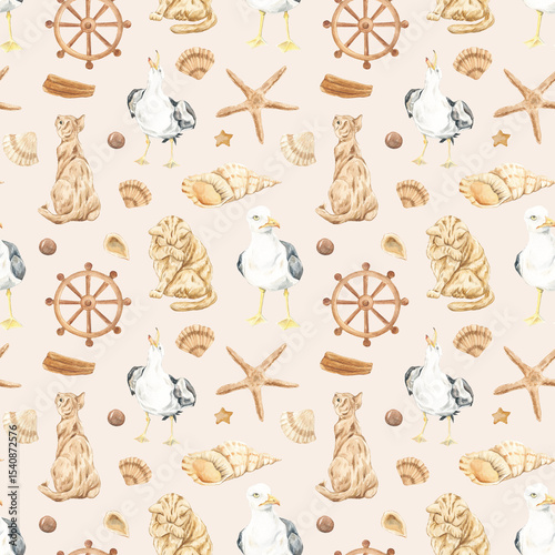 Wallpaper Mural Watercolor marine pattern. Home textiles. Cats. Seaweed, anchor. Ocean theme. Rest. Cute seagulls. Seashore, Embankment. Red cat. Print for fabric. Summer, summer mood. Torontodigital.ca