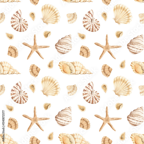 Wallpaper Mural Watercolor marine pattern. Home textiles. Ocean theme. Rest. Sea coast, Embankment. Print for fabric. Summer, summer mood. Shells. Brown, beige colors. Shell pattern. Underwater. Torontodigital.ca