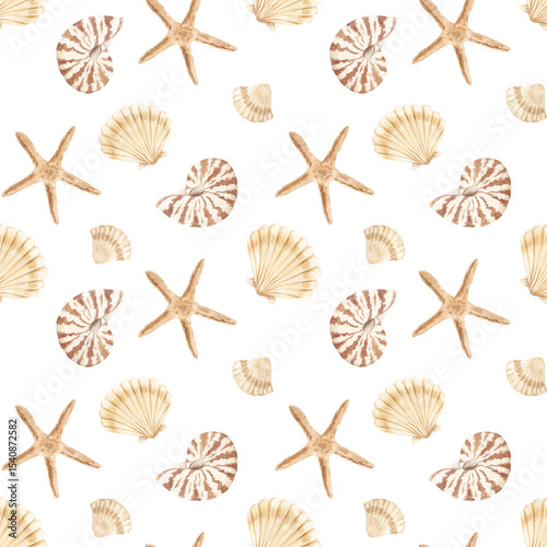 Wallpaper Mural Watercolor marine pattern. Home textiles. Ocean theme. Rest. Sea coast, Embankment. Print for fabric. Summer, summer mood. Shells. Brown, beige colors. Shell pattern. Underwater. Torontodigital.ca