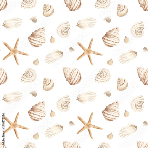 Wallpaper Mural Watercolor marine pattern. Home textiles. Ocean theme. Rest. Sea coast, Embankment. Print for fabric. Summer, summer mood. Shells. Brown, beige colors. Shell pattern. Underwater. Torontodigital.ca