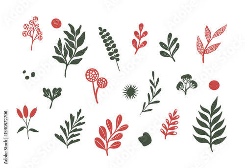set of red and green leaves in Boho style 22 elements folk floral shapes  