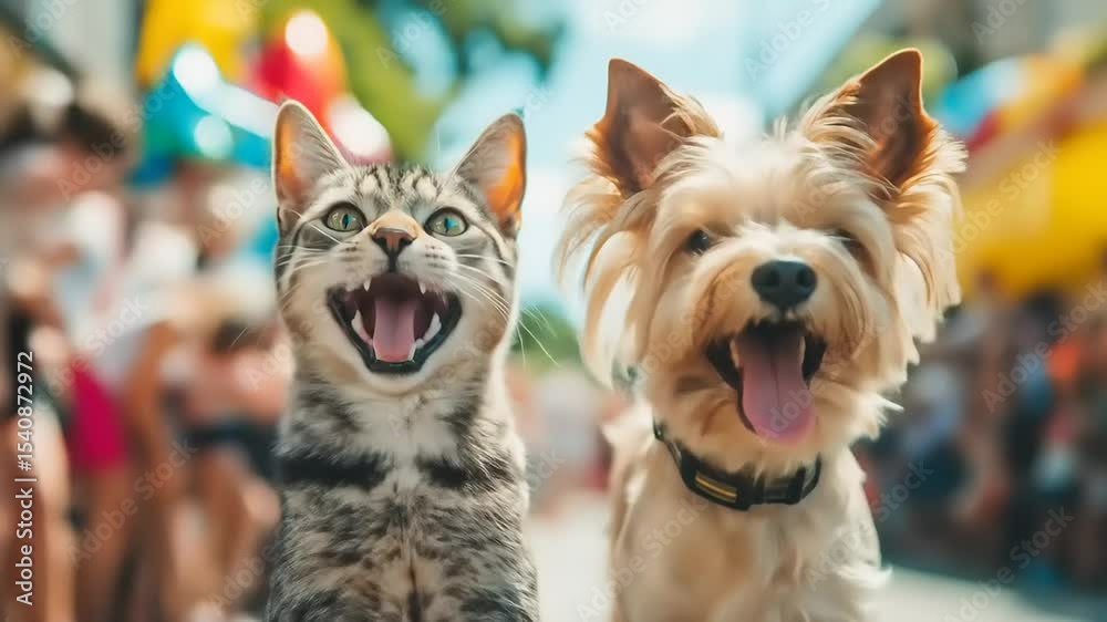 Happy cat and dog at parade. Happy cat and dog at parade.