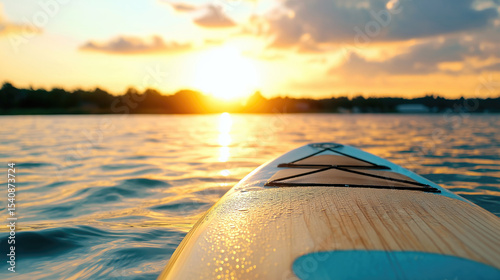 Serene sunset paddleboarding on calm lake waters
