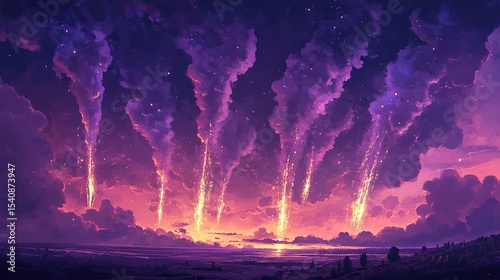 Plume-shaped fireworks in emphatic shades of violet spread across the sky like rising phoenixes
