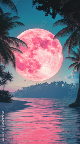 pink moon setting over the ocean, palm trees on both sides of the water, hyper-realistic