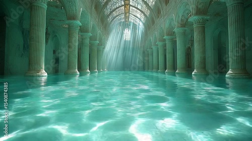 Sunlit Ancient Roman Pool with Columns, and Water.