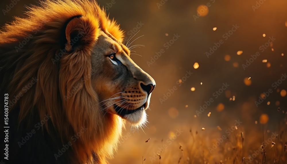 Naklejka premium Majestic lion portrait in golden light. Wild animal with flowing mane, noble gaze. King of beasts in serene scene, elegant, beautiful, regal portrait.