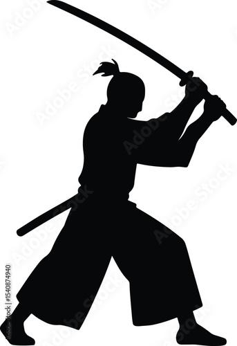 Silhouette samurai warrior wielding sword in fighting stance vector illustration