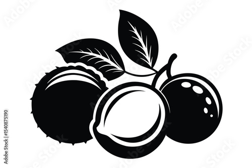 Stylized Lychee Fruit Illustration with Leaves, Featuring One Open Fruit Silhouette