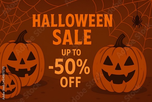 Halloween sale banner, pumpkins and spiderweb background, up to -50 off, dark orange tones