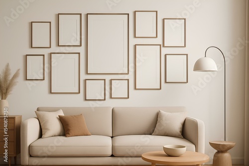 Gallery wall mockup with multiple empty picture frames of different sizes, stylish modern interior, neutral tones