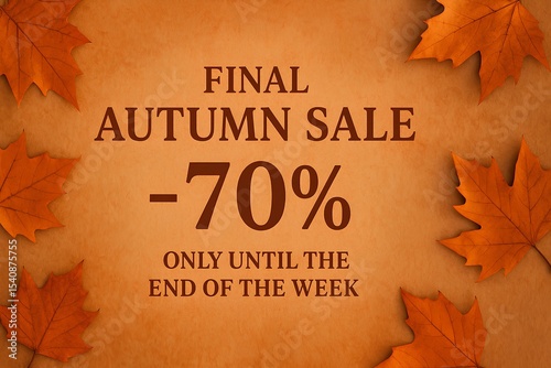 Final autumn sale, orange leaves, -70 only until the end of the week text, cozy background