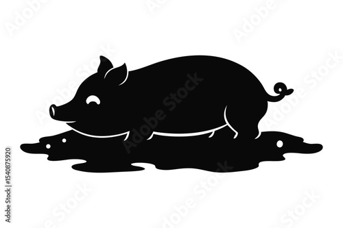 Silhouette of a pig rolling around happily in mud vector illustration.