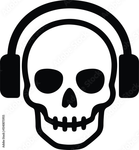 Silhouette skull with headphones black and white vector illustration