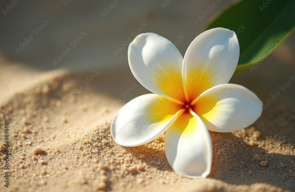 Close-up shot plumeria flower on sand. White petals with yellow core, tropical blossom with green leaf. Freshness beauty, spa design. Summer vacation. Exotic flower, spa background.