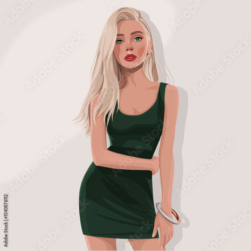 Illustration of a blonde cartoon girl in a stylish black dress on a beige background. Vector graphics. EPS.