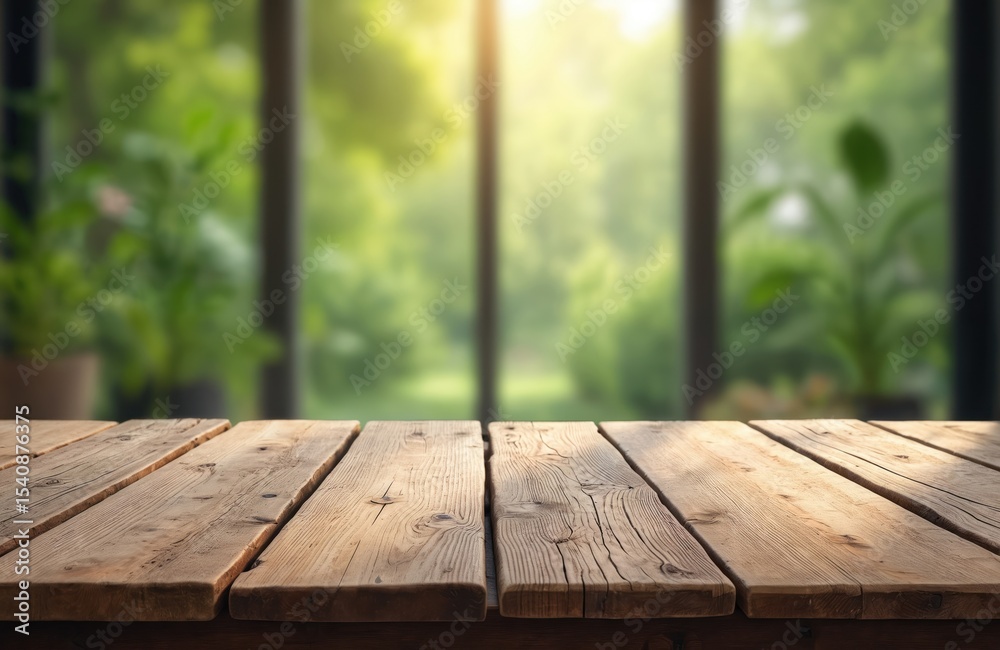 Fototapeta premium Rustic wooden table set against blurred window with plants. Natural light, spring or summer theme, ideal product placement. Empty surface for display, showcase design interior.