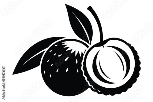 Black Silhouette Drawing Lychee Fruit Whole, Halved, and Leaves on Stem, Exotic Delight