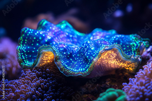 Fototapeta Naklejka Na Ścianę i Meble -  Bright Blue Giant Clam Resting on Coral Reef in Vibrant Marine Aquatic Habitat Underwater Scene, generative ai