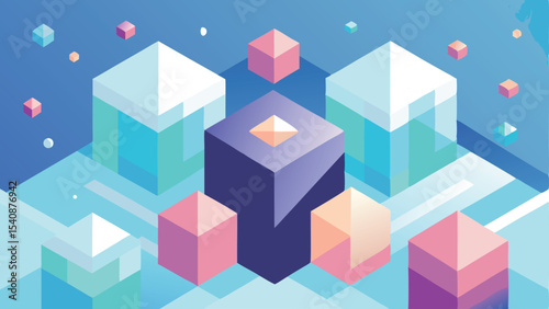 Abstract isometric composition of colorful cubes on a gradient blue background
