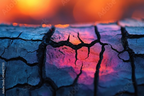 A close-up of cracked earth with vibrant colors reflecting off the surface, creating an otherworldly glow.