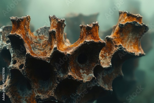Close-up of a porous, rust-colored structure with irregular shapes, resembling natural rock or a strange alien formation.