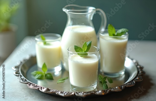 Refreshing buttermilk drink. Healthy dairy beverage with green mint leaves in transparent glasses and carafe on silver tray table. Summer refreshment food, ingredient. Delicious, natural, homemade.
