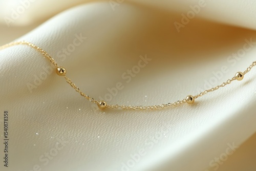 Delicate gold necklace with tiny spheres, gracefully laid on a soft, flowing, cream-colored fabric. The piece is minimalist and elegant.
