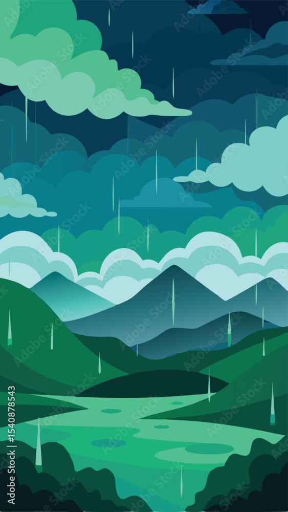 Fototapeta premium Abstract landscape illustrating a rainy scene with mountains clouds and water in vector style