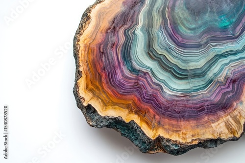 Vibrant slice of agate with concentric bands in earthy tones and cool blues on a white background.
