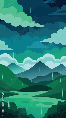 Abstract landscape illustrating a rainy scene with mountains clouds and water in vector style