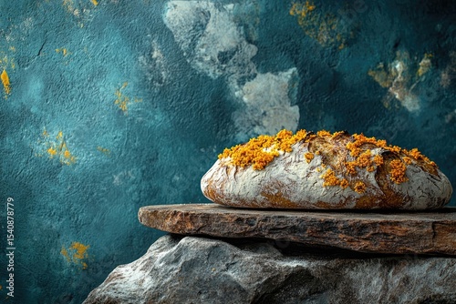 Artisanal bread with golden topping, resting on stones against a textured blue background evokes rustic charm. photo