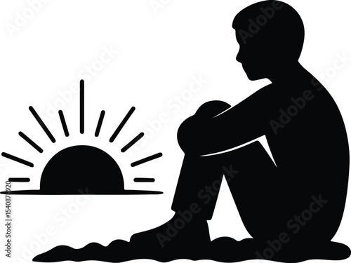 Silhouette thoughtful person sits near sun vector illustration