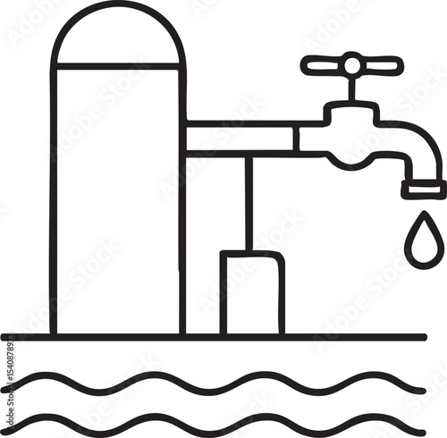 Simple Line Art Illustration of a Water Tower and Faucet with a Dripping Water Droplet Over Waves