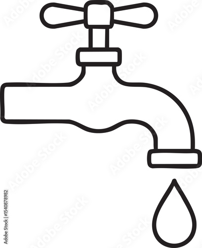 Simple Line Art Illustration of a Water Faucet with a Single Droplet Falling Below the Spout