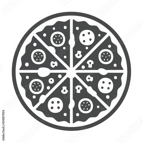 Stylized Pizza Graphic with Toppings and Slices Round Shape Fast Food Icon Isolated