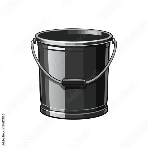 Metal Bucket Illustration Isolated on Black Background, Pail with Handle for Cleaning or Construction