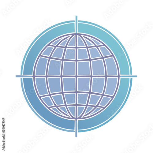Globe icon with grid lines enclosed in blue target scope for travel or international business concepts
