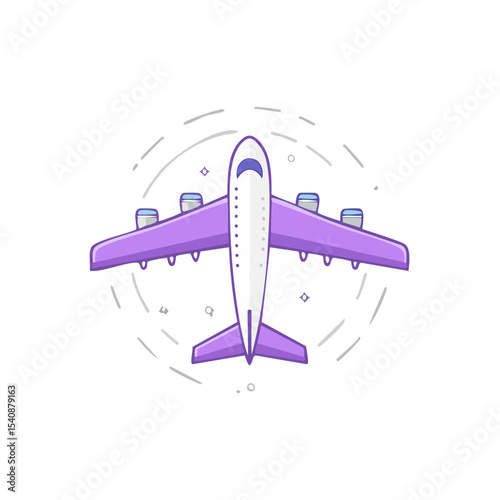Stylized airplane illustration with purple wings on a black background surrounded by stars and dotted lines