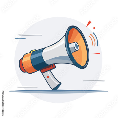 Illustration of an orange and white megaphone with sound waves, announcement, communication