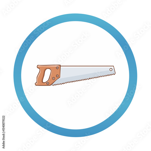 Handsaw illustration featuring carpentry equipment and woodworking in a clean modern design with a white and blue circular border