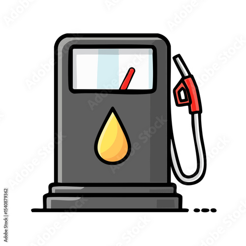 Cartoon gas station pump with fuel gauge and petroleum drop symbol, isolated on black background.