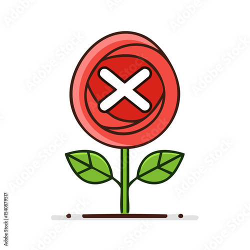 Cartoon Flower with Cross Inside Petals Stop Signal Prohibited Access Rejection Warning Red