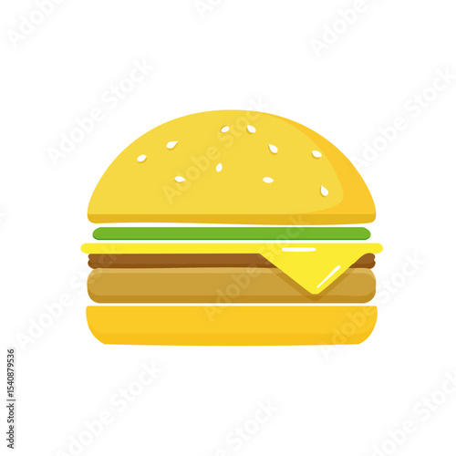 Cartoon burger illustration featuring sesame bun beef patty cheese and lettuce against a black background